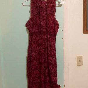 Maroon lace dress.